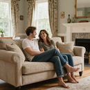 Couple sitting on a beige sofa in a bright living room, smiling beside a fireplace.