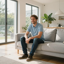 Man sitting on a gray sofa in a bright living room with large windows and a potted plant.
