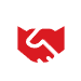 Red abstract handshake logo with a white curved arrow inside a square.