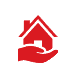 Red house logo in a hand icon, with a slanted roof and white window.