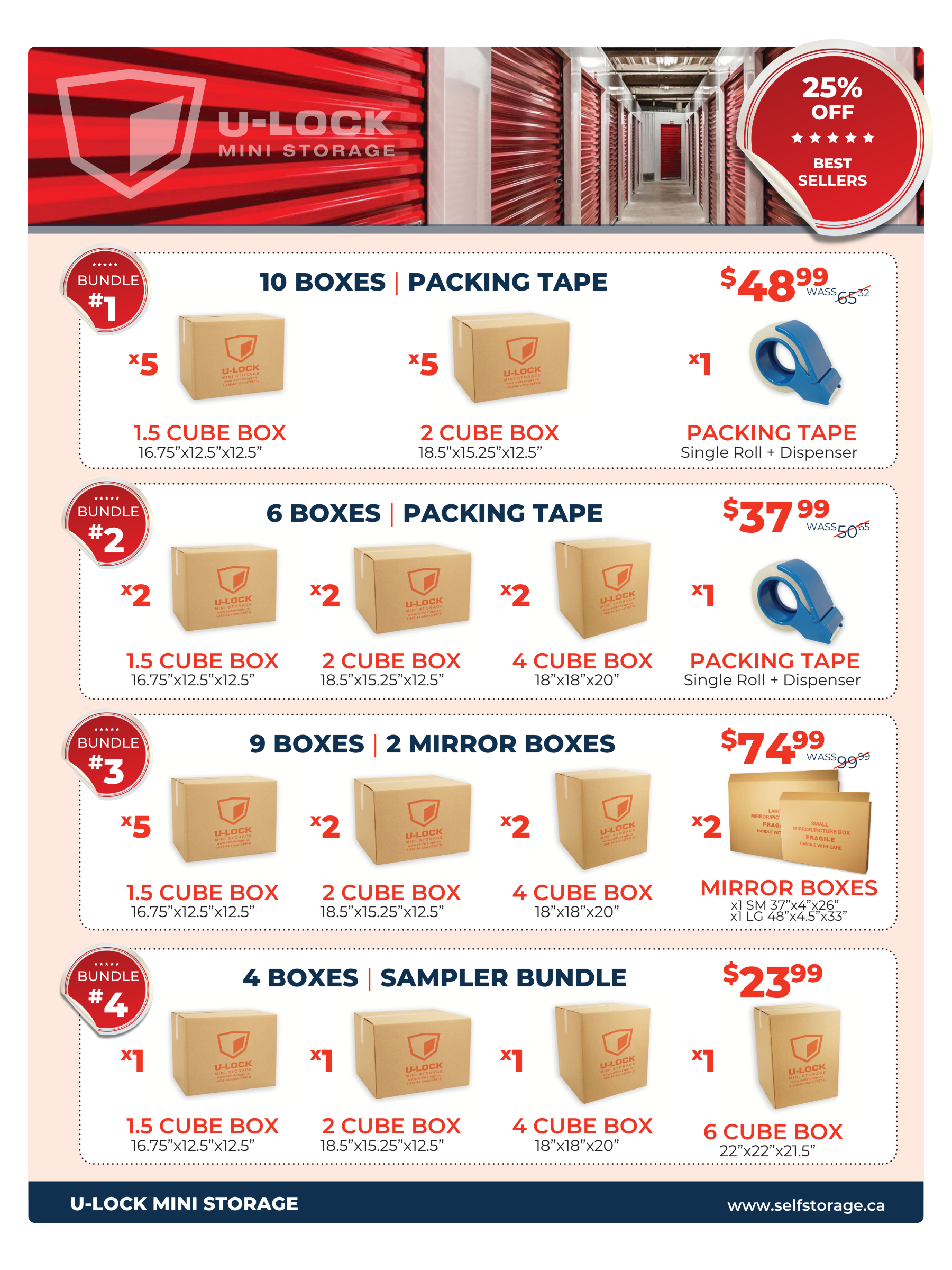 Red U-LOCK packing tape promo showing box bundles and prices on a white background.