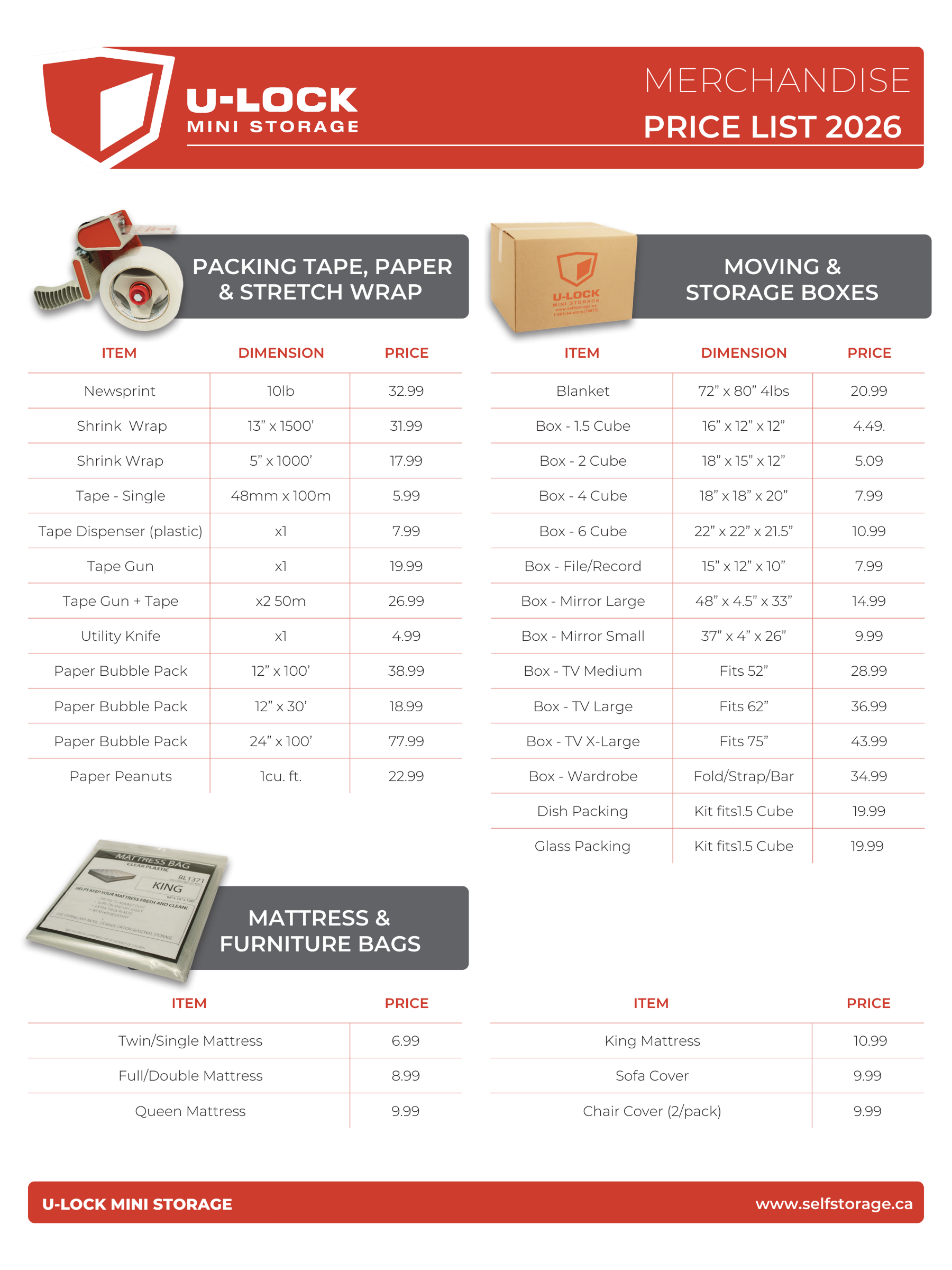 U-Lock price list poster with red header and product tables for packaging tapes, gloves, and mats