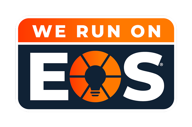 We Run on EOS logo, orange and navy with a stylized lightbulb in the O.