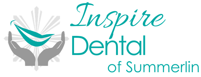 Logo for Inspire Dental of Summerlin: stylized teal smile within two gray hands, with teal text