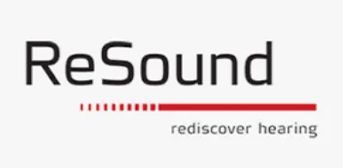 The resound logo is black and red and says rediscover hearing.