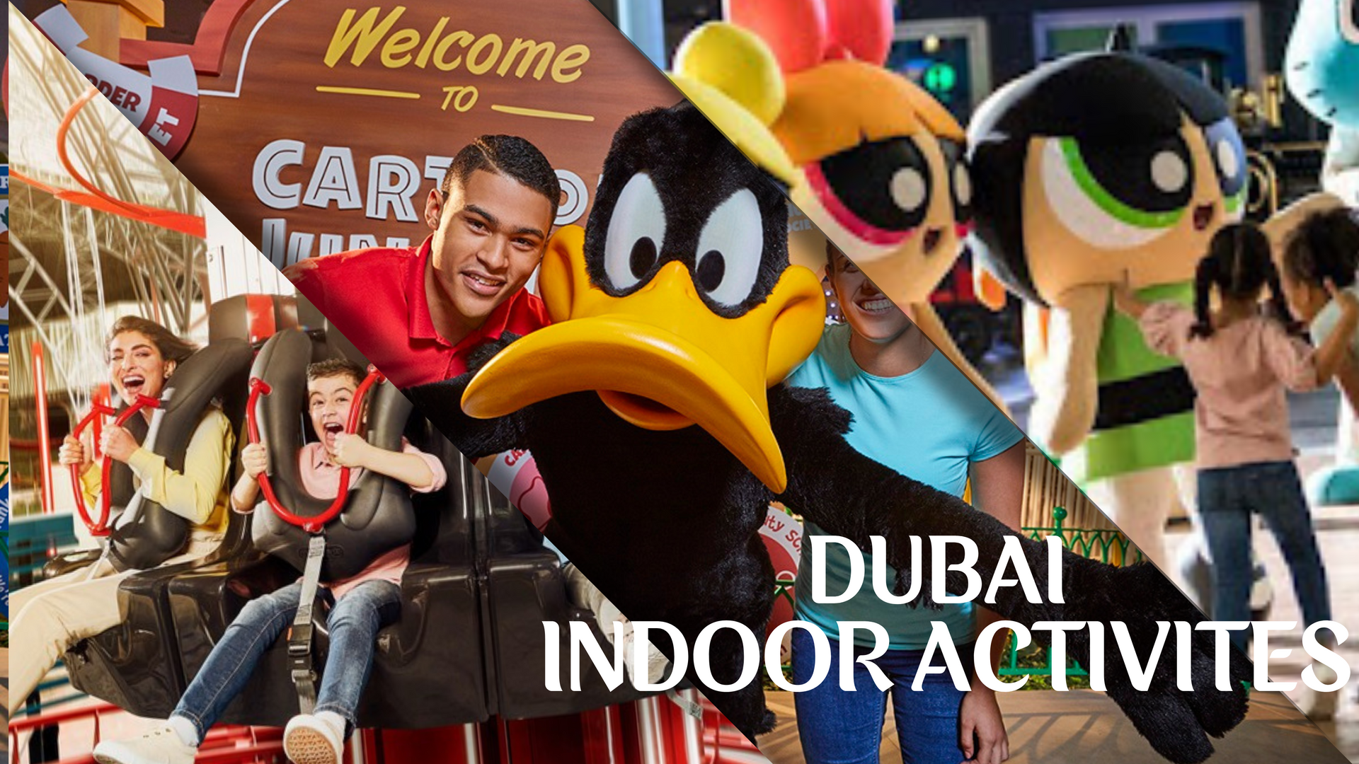 Collage featuring images of indoor skydiving, aquarium visits, VR gaming, trampoline parks, and shopping malls.