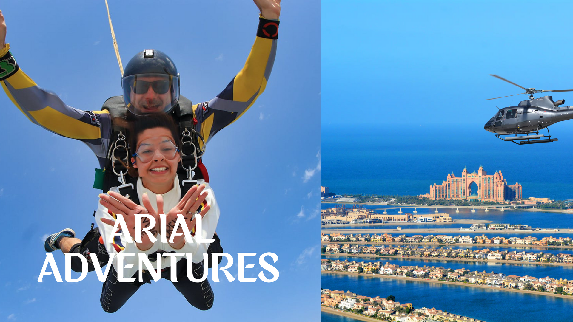Aerial Adventures - Collage featuring skydiving, hot air ballooning, zip-lining, and helicopter tours.