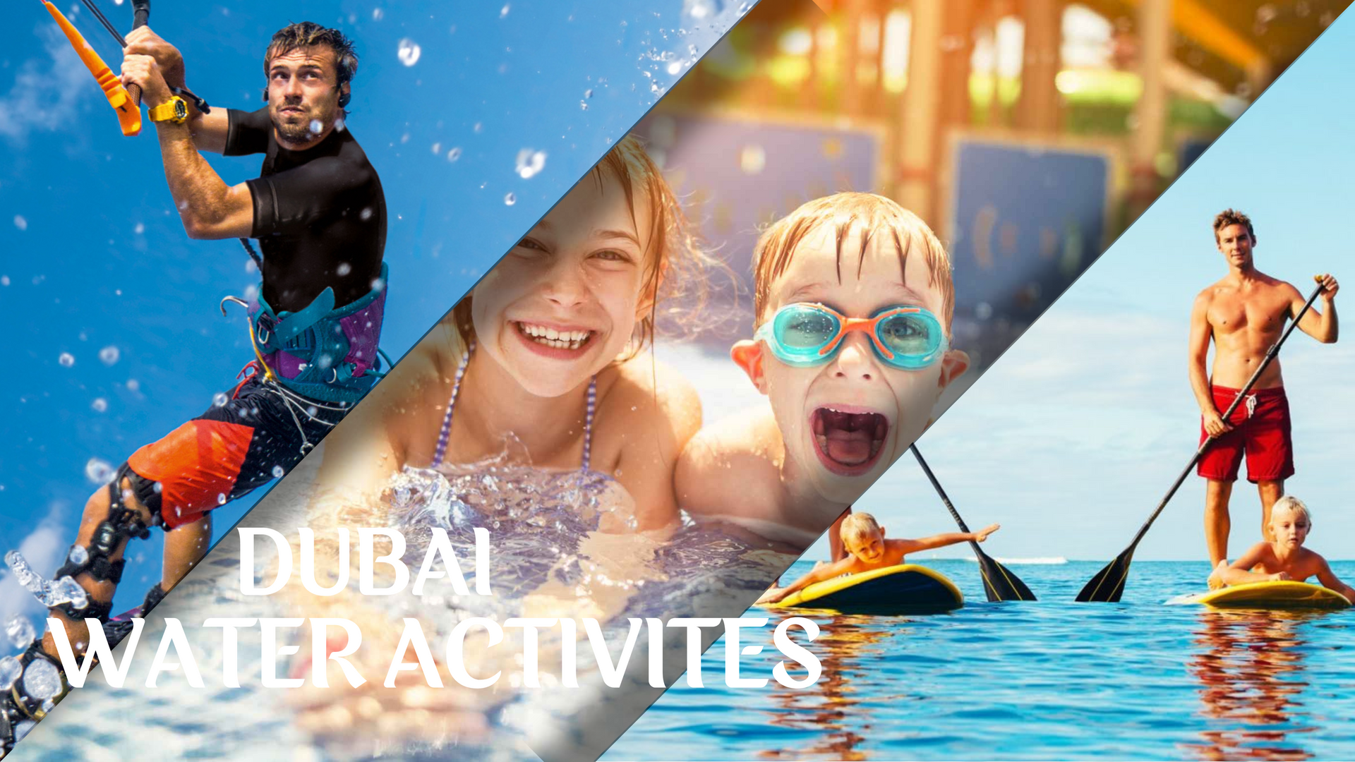 Collage featuring images of snorkeling, scuba diving, jet skiing, parasailing, and paddleboarding in Dubai.
