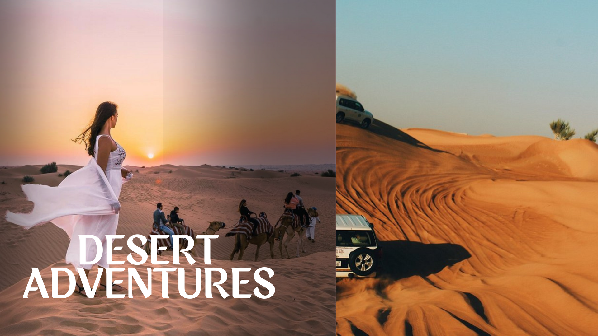 Collage featuring camel riding, dune bashing, sandboarding, and desert camping