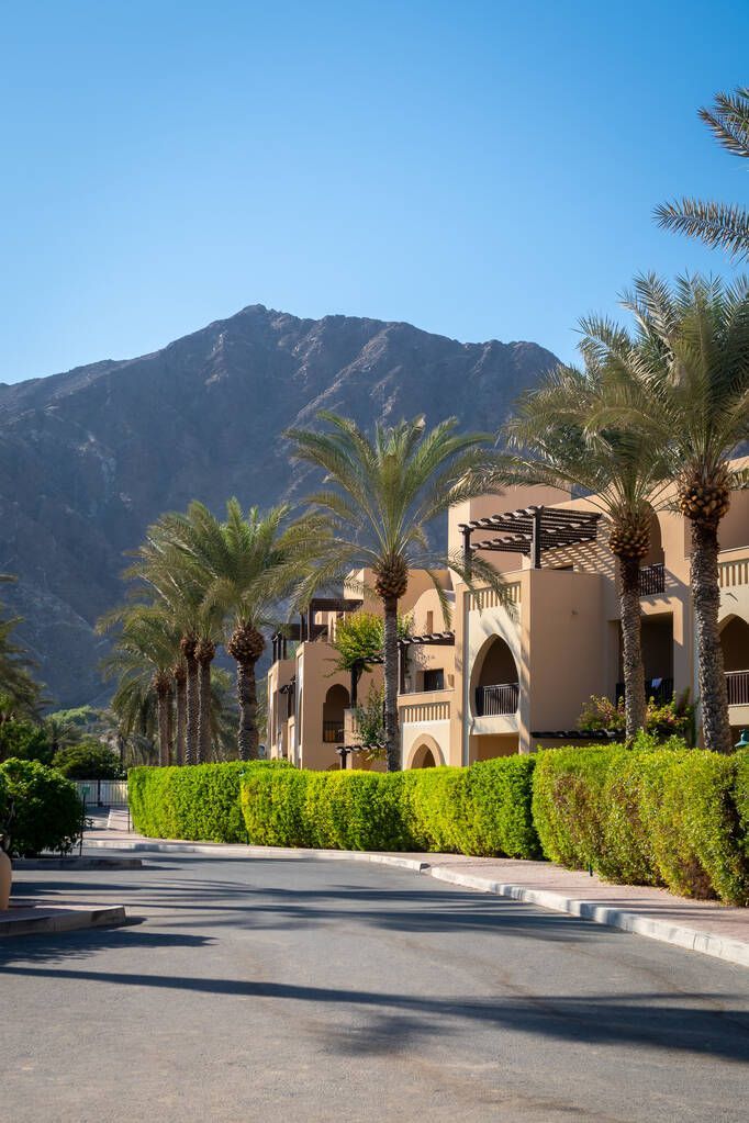 Scenic view of Fujairah's coastline with clear blue waters, mountains, and sandy beaches.