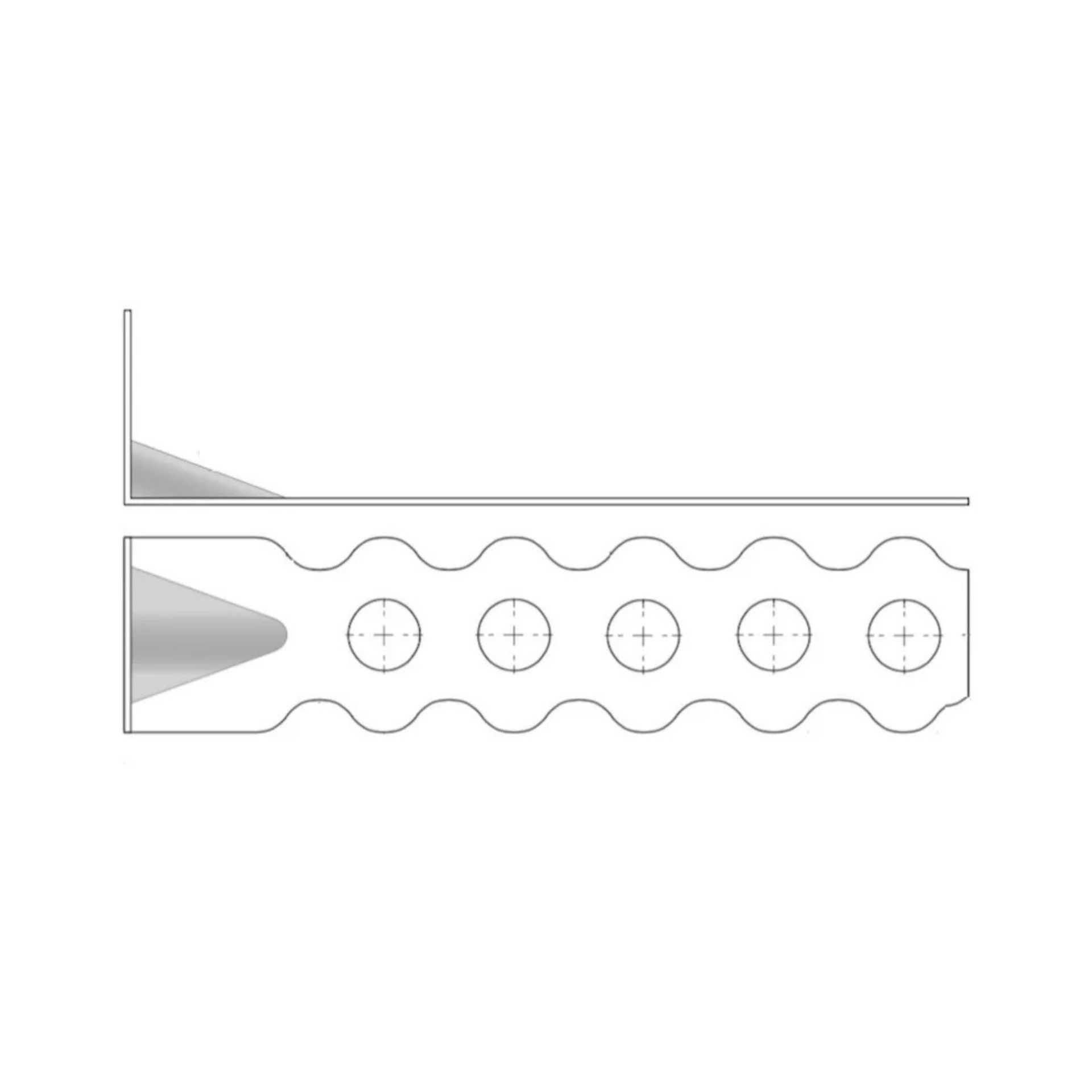 Diagram of a stone tie metal bracket with holes and a side view showing a folded edge, likely for structural support.
