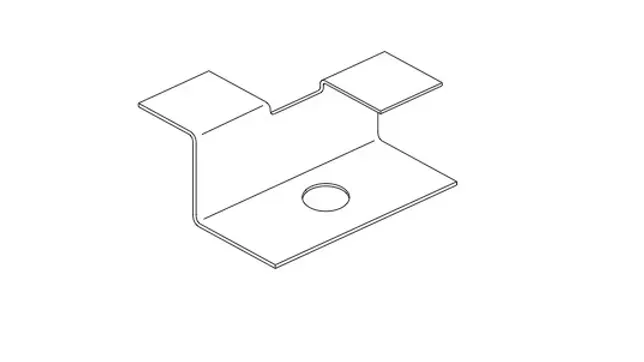Angled metal stoneclip with a centered hole and two tabs.