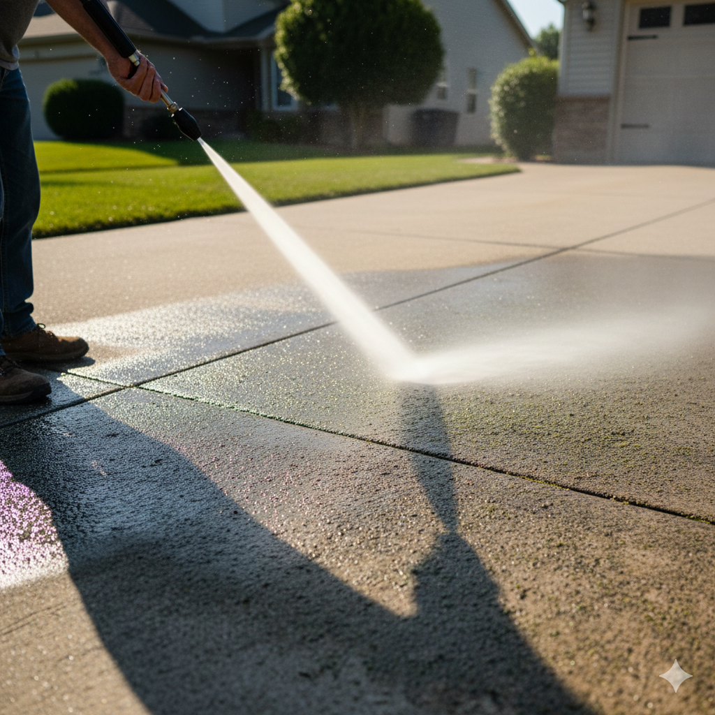 Person power washing a concrete driveway with water spray in sunny residential setting.