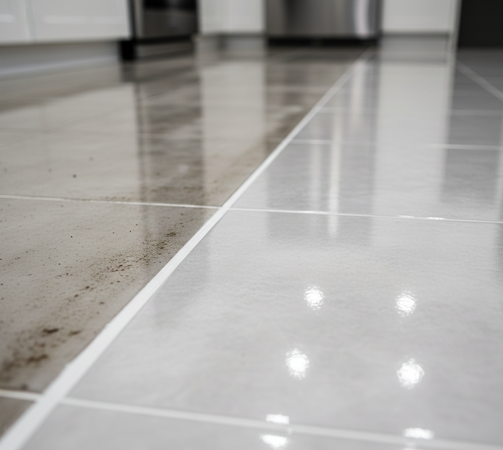 Cleaned and dirty tile floor, contrasting a freshly cleaned section with a stained one, kitchen setting.