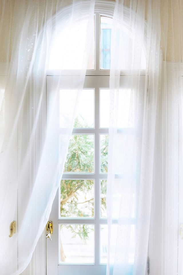 White door with arched top, sheer white curtains blowing open, view of green tree.