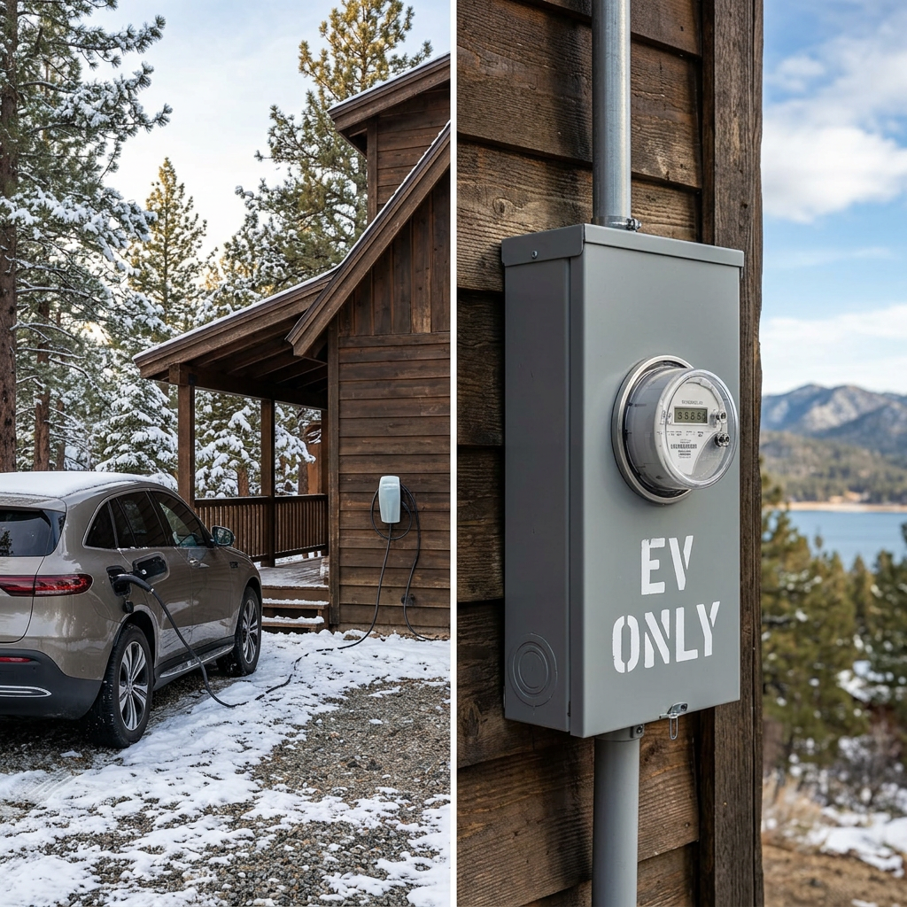 Level 2 EV charger installed on Big Bear Lake mountain cabin exterior with BVES-compliant submeter