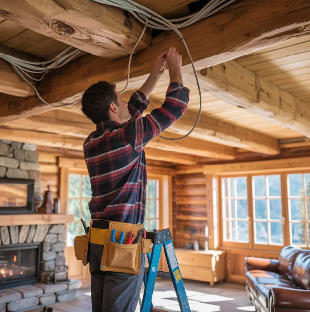 Electrician inspecting cabin wiring - Big Bear electrical safety services