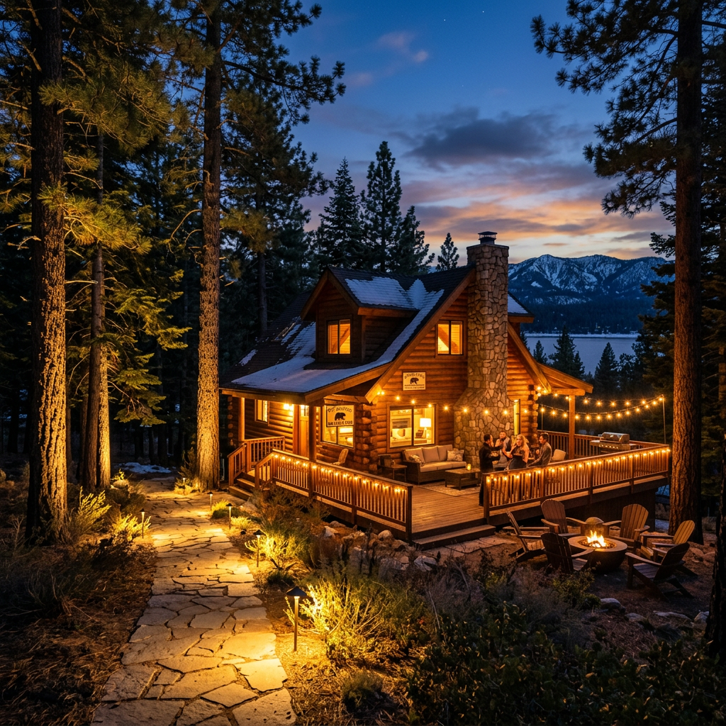 Big Bear Lake vacation rental cabin with professional outdoor landscape lighting at dusk
