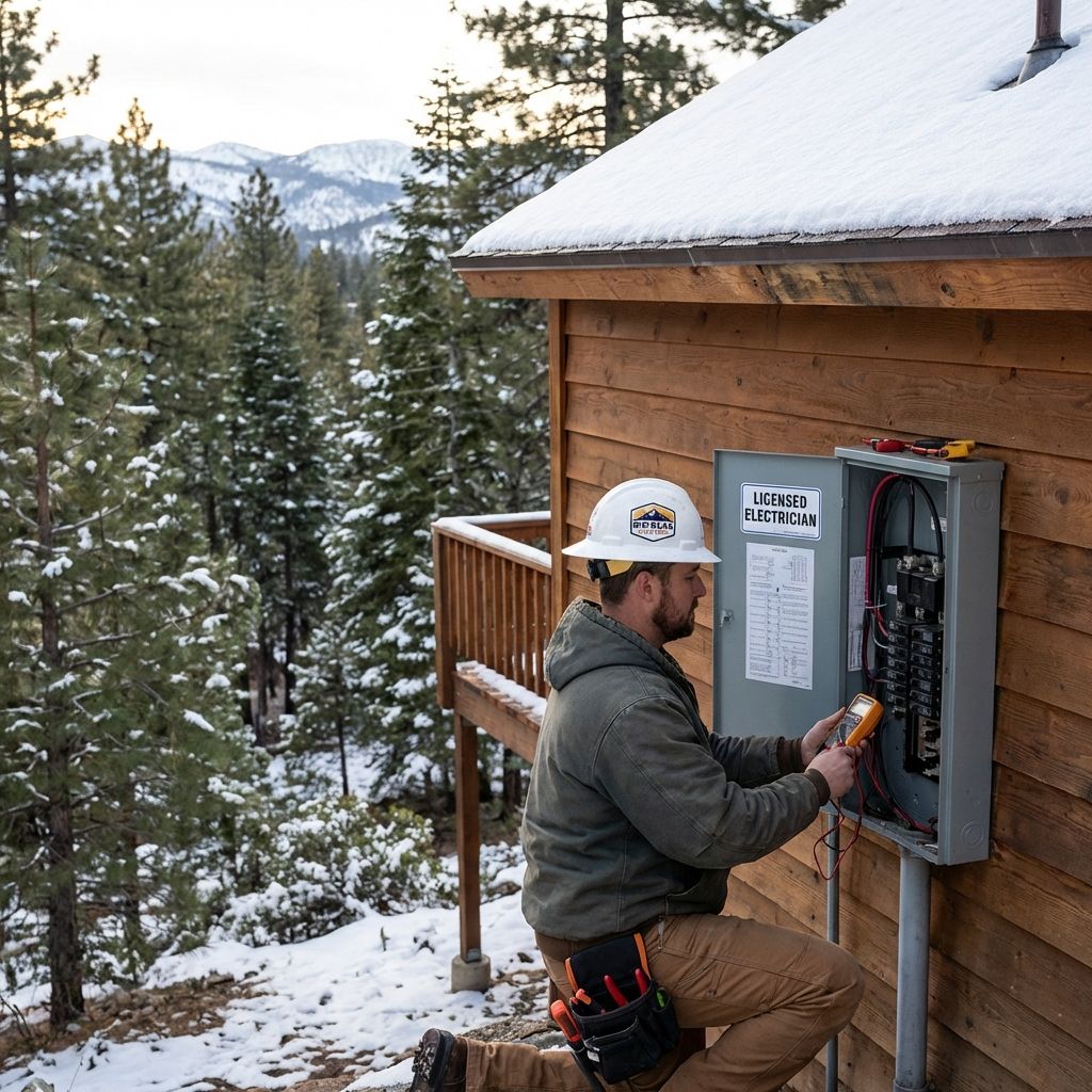 Licensed electrician inspecting outdoor electrical panel at Big Bear Lake cabin in early spring