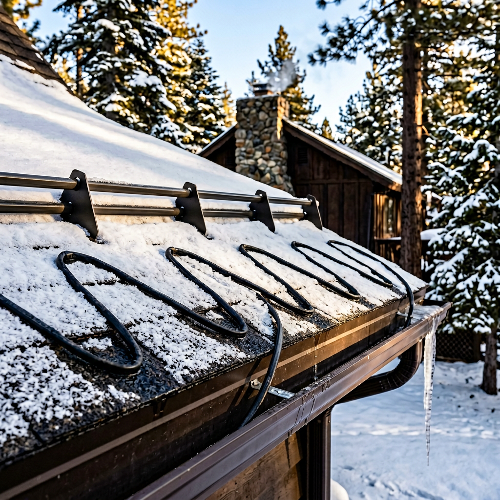 Self-regulating heat tape installed in zigzag pattern along the eave of a Big Bear Lake cabin roof