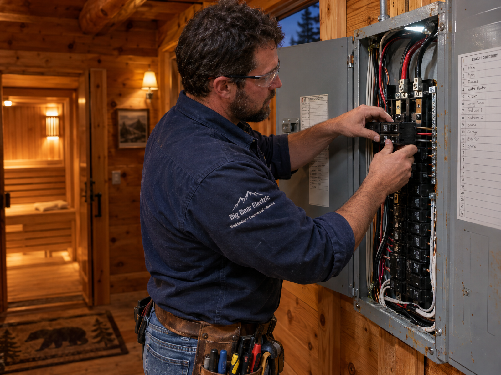 Electrician installing a dedicated 240V circuit for a home sauna in a Big Bear cabin