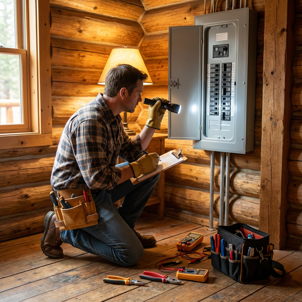 Licensed electrician inspecting electrical panel inside a Big Bear Lake cabin before purchase