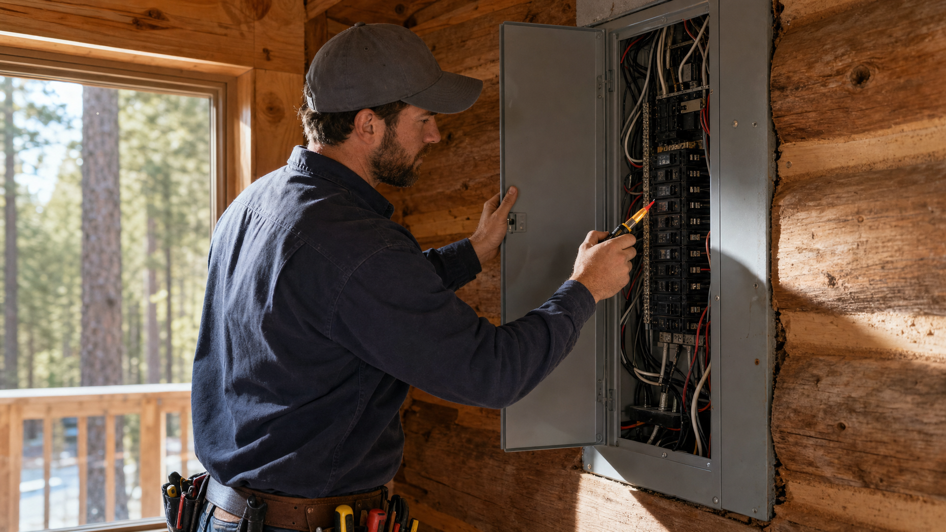Licensed electrician inspecting an electrical panel inside a Big Bear, CA mountain cabin