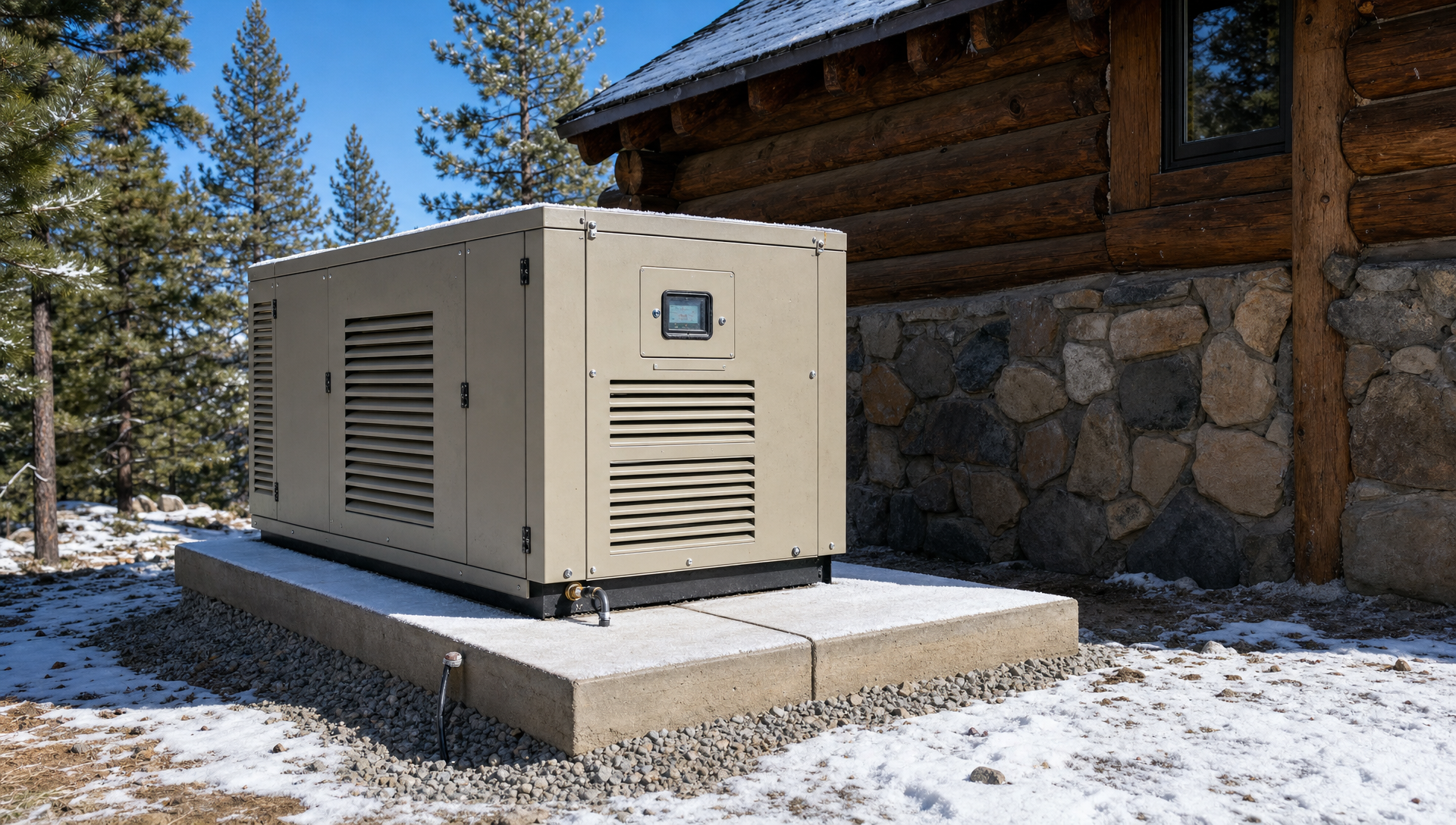 Whole-home standby generator installed at a Big Bear, CA mountain cabin with snow clearance