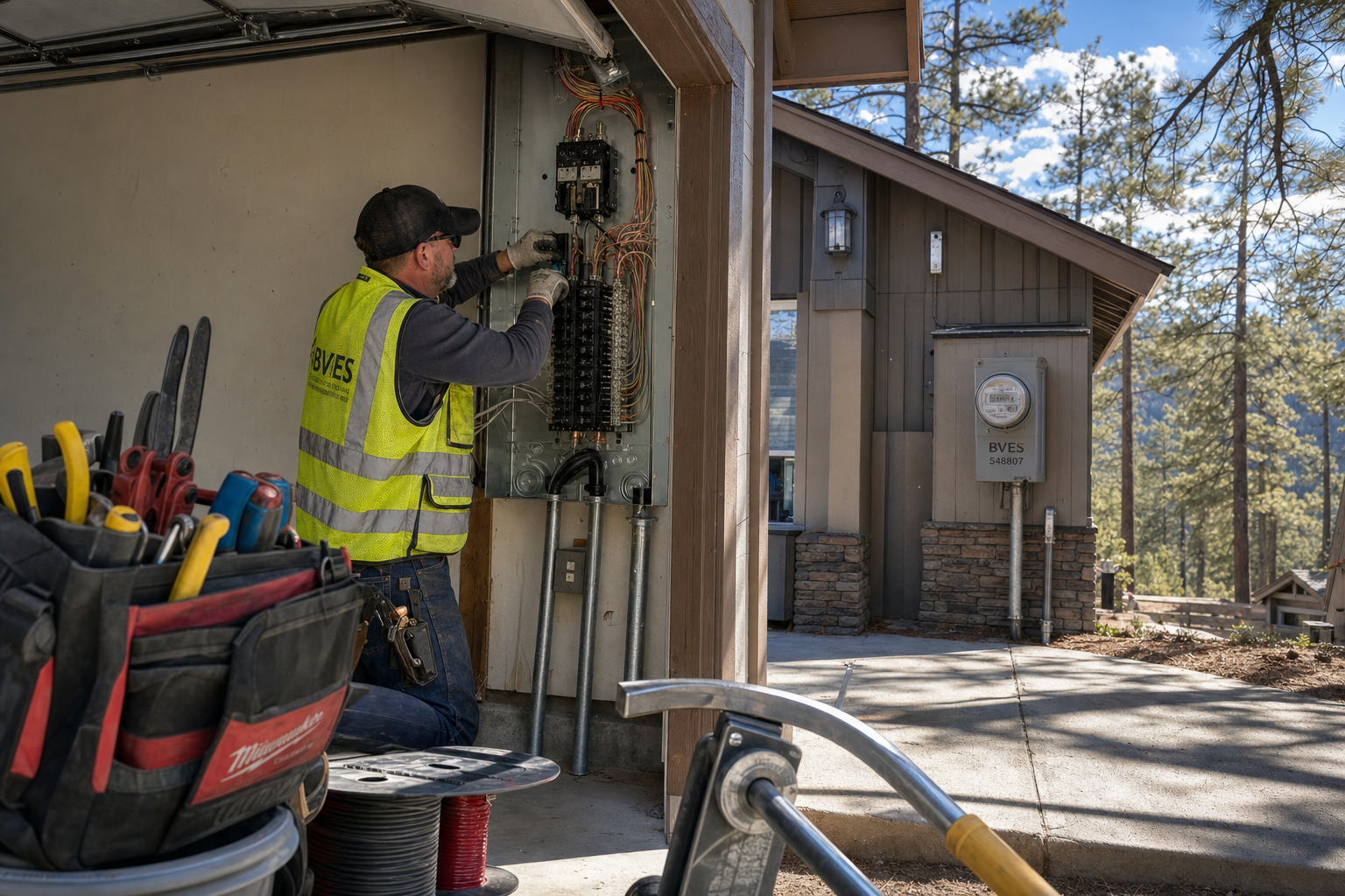 Electrician installing EV charging infrastructure under BVES's Bear Ready program in Big Bear, CA