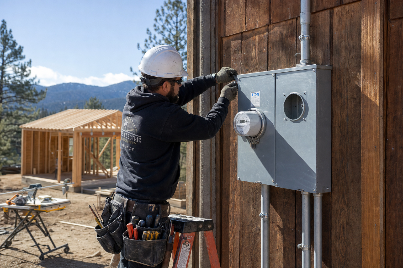 Electrician installing a consolidated multi-meter panel for a Big Bear ADU project