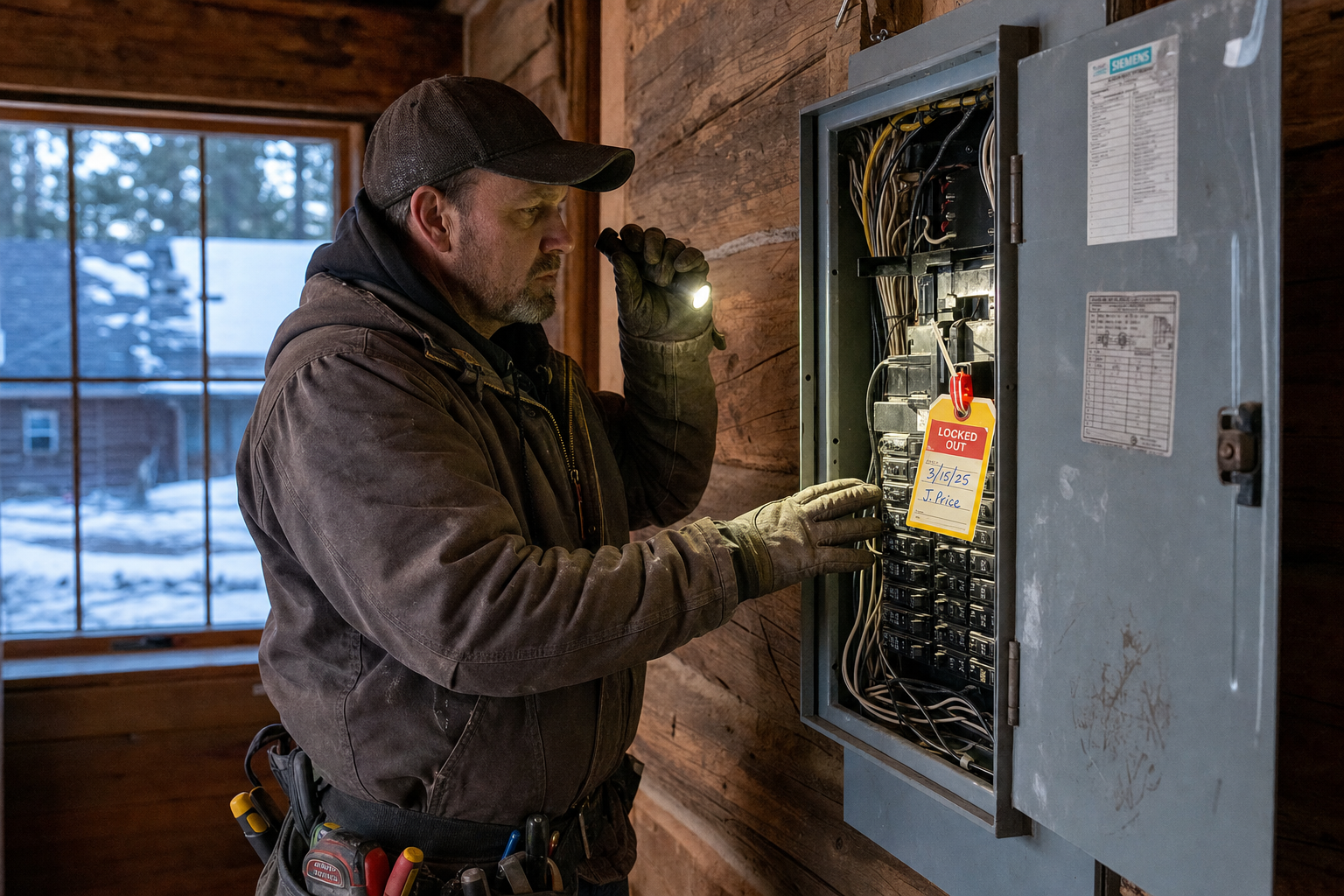 Electrician inspecting a Big Bear cabin's panel before spring power restoration