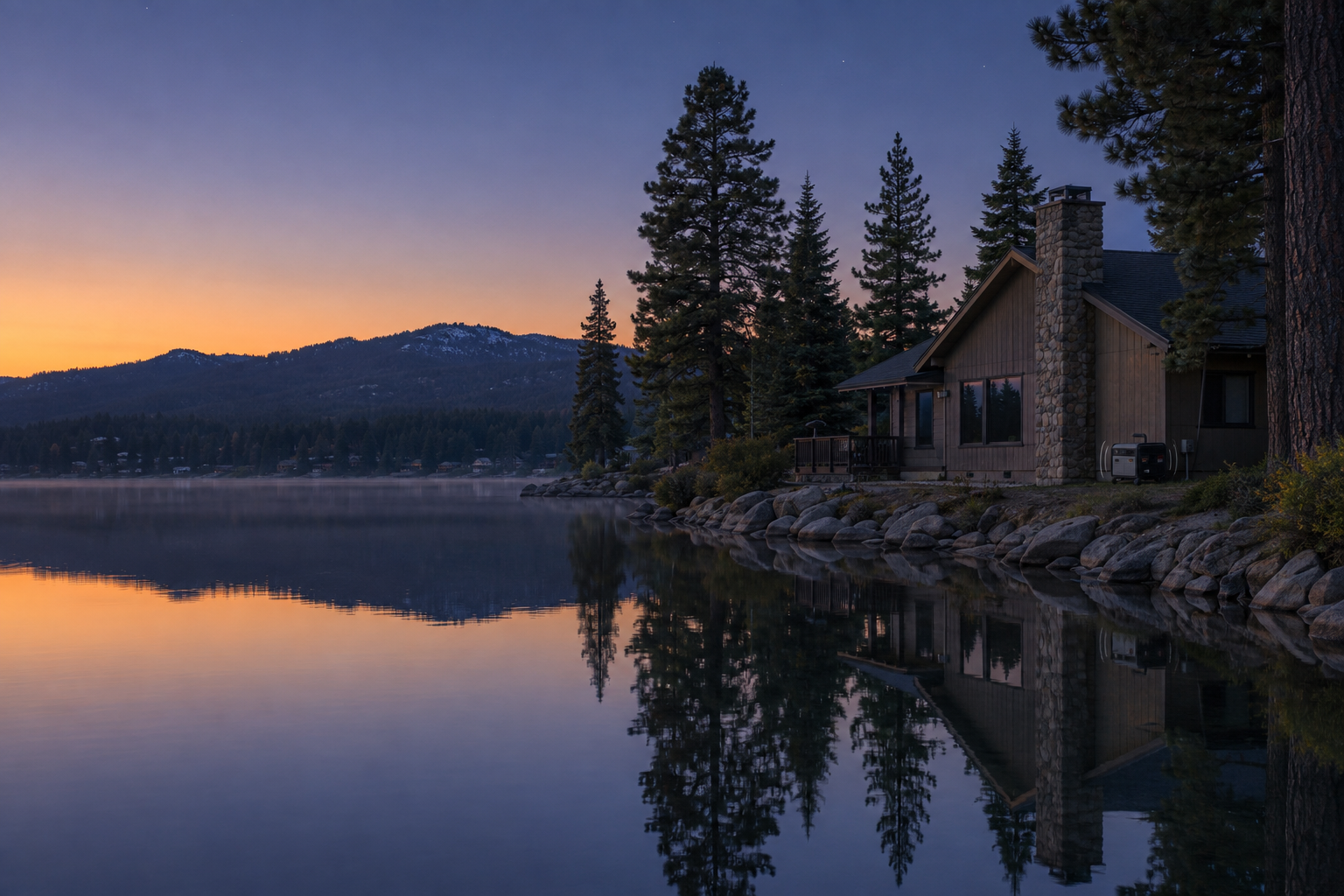 A calm Big Bear evening with a home running on backup generator power during a transmission shutoff