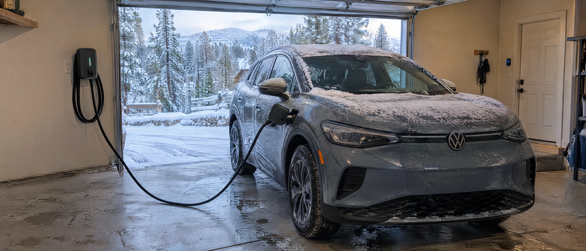 An EV charging at a home Level 2 charger in snowy conditions in Big Bear, CA