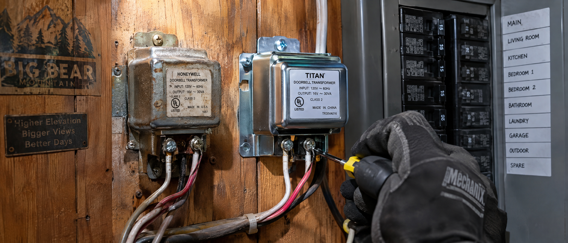 Electrician replacing an undersized doorbell transformer to support a video doorbell in Big Bear