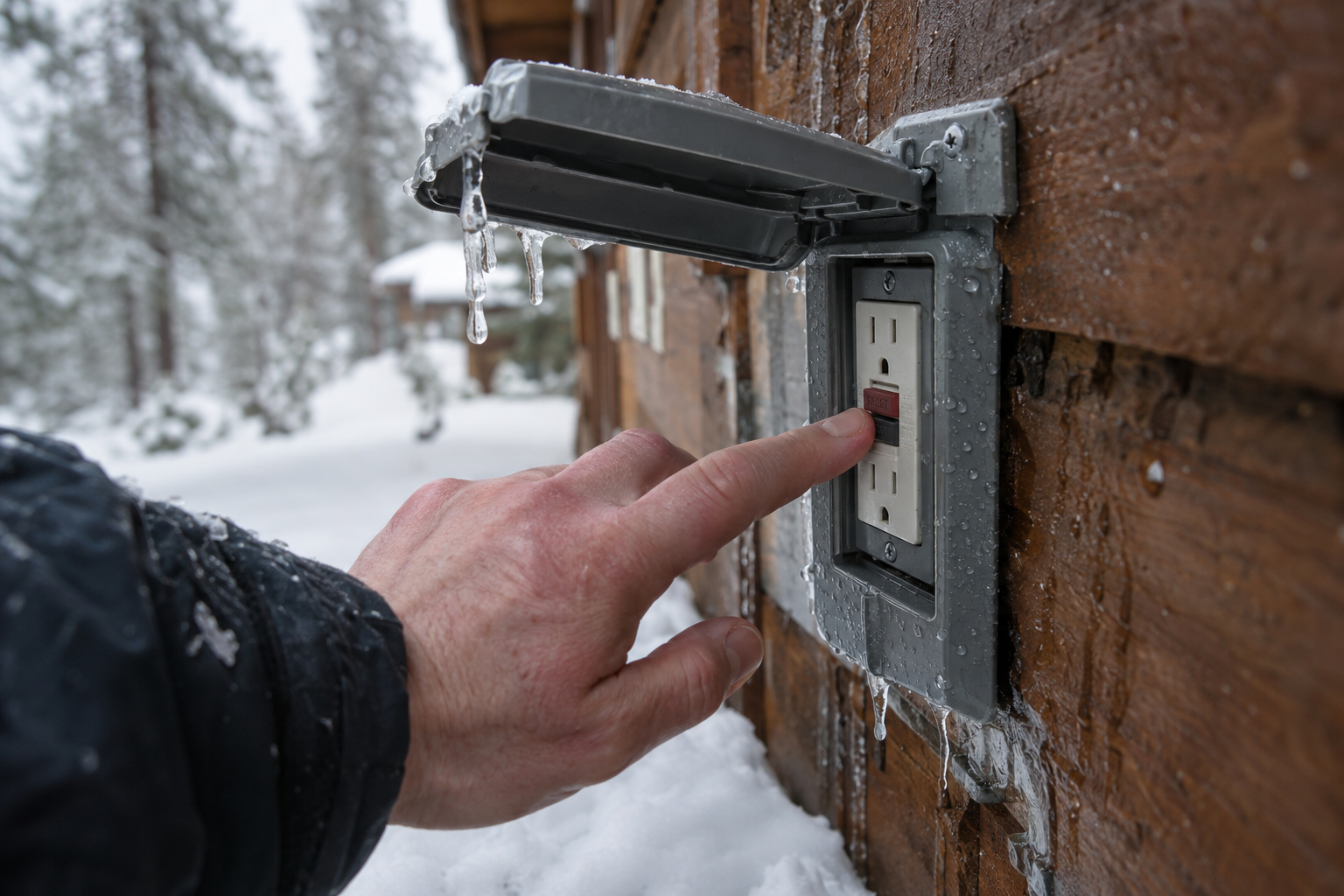 Resetting an outdoor GFCI outlet during snowmelt at a Big Bear, CA cabin