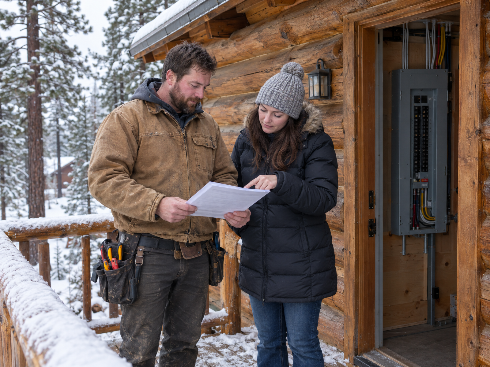 An electrician reviewing an estimate with a homeowner at a snow-dusted Big Bear cabin