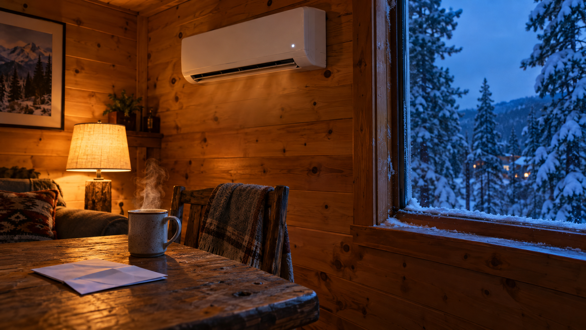 A Big Bear cabin interior at dusk with a ductless heat pump above a table and a folded utility bill