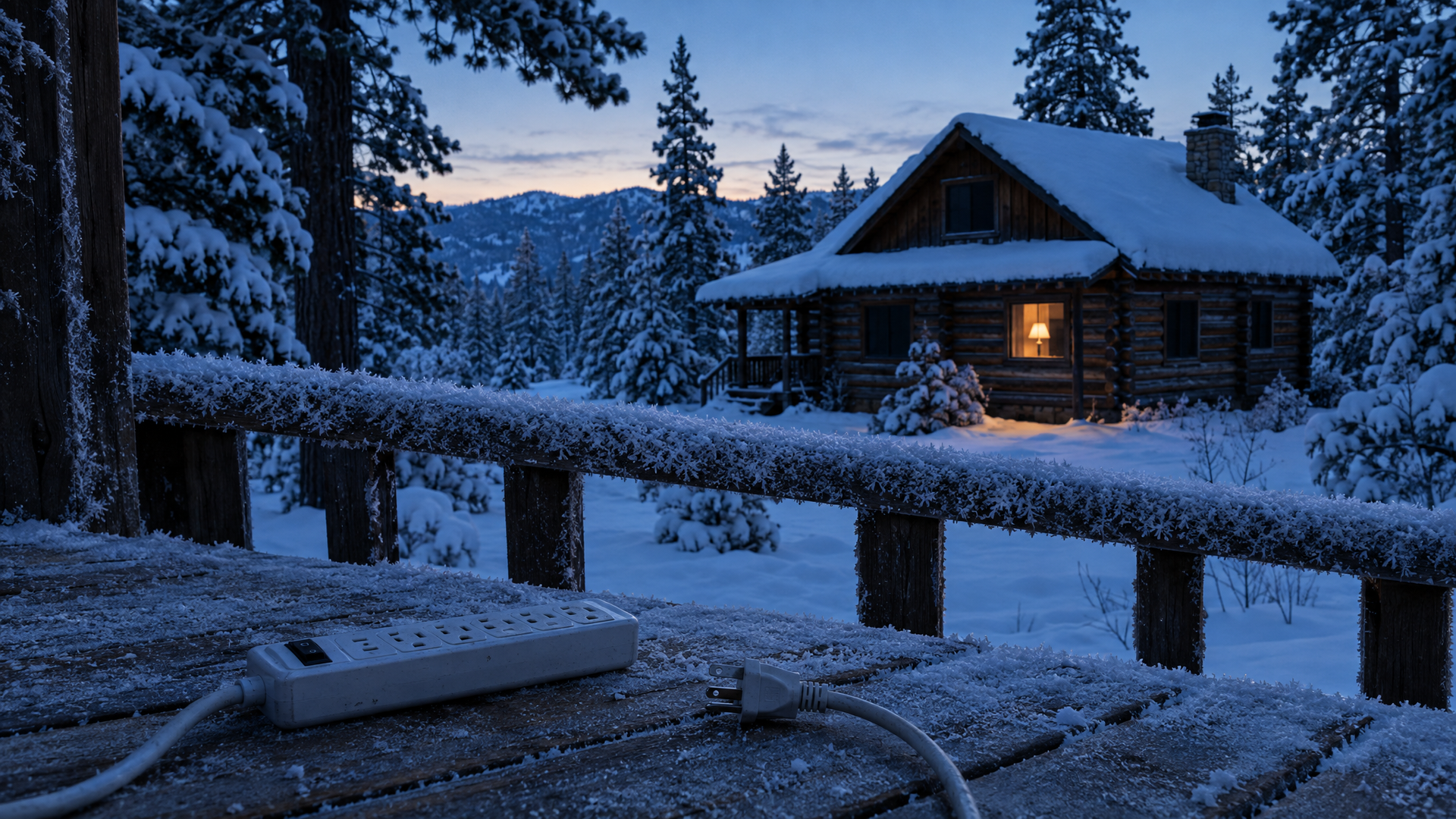 A Big Bear cabin at dawn with one lit lamp in the window and an unplugged surge strip on the porch