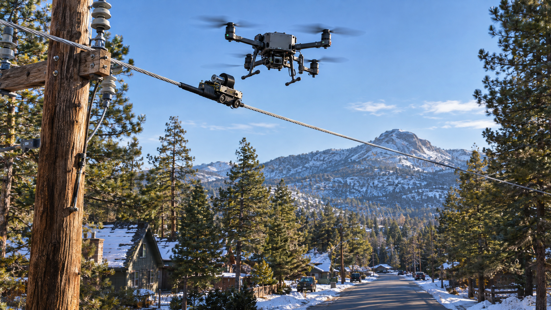 A drone and small robot insulating a power line above a pine-lined Big Bear street
