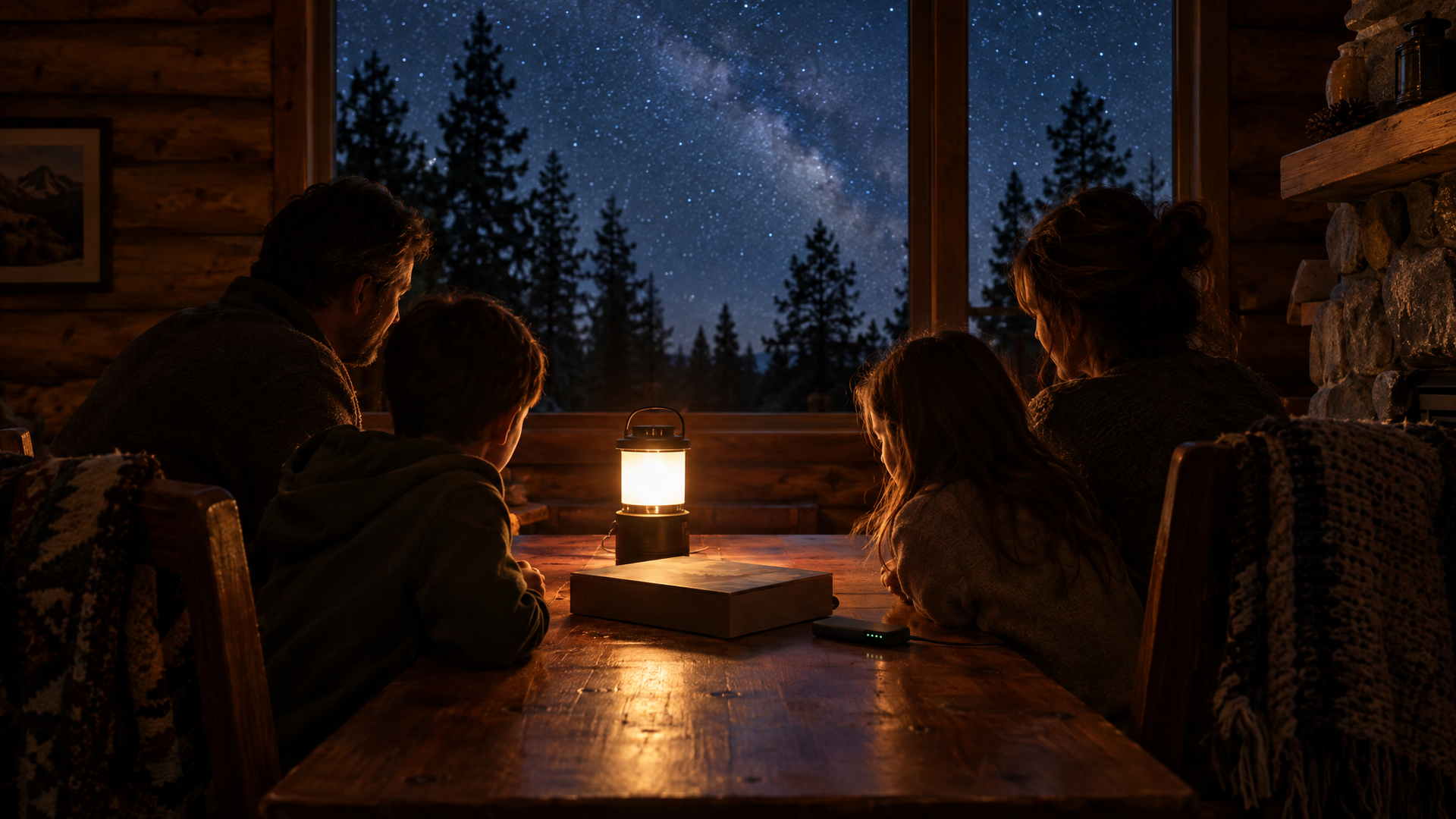 A family around a lantern-lit table in a Big Bear cabin during a planned power outage, stars visible