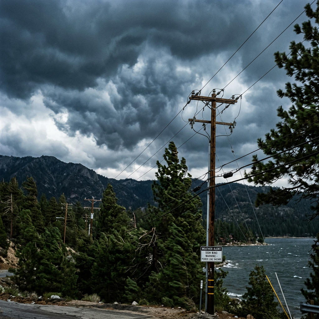 High winds over Big Bear Lake during a BVES Public Safety Power Shutoff warning SCE PSPS alert June