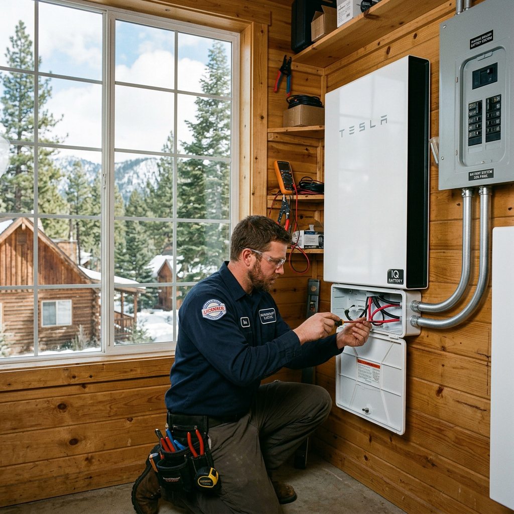 Licensed electrician installing home battery backup system in Big Bear Lake cabin after BVES PSPS