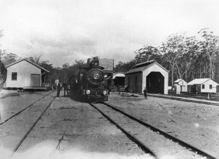 Steam train at a station with buildings and people standing nearby. Railroad tracks and a forest in the background.