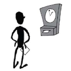 A stick figure is standing in front of a clock.