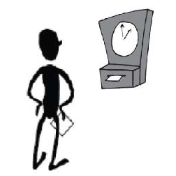 A stick figure is standing in front of a clock.