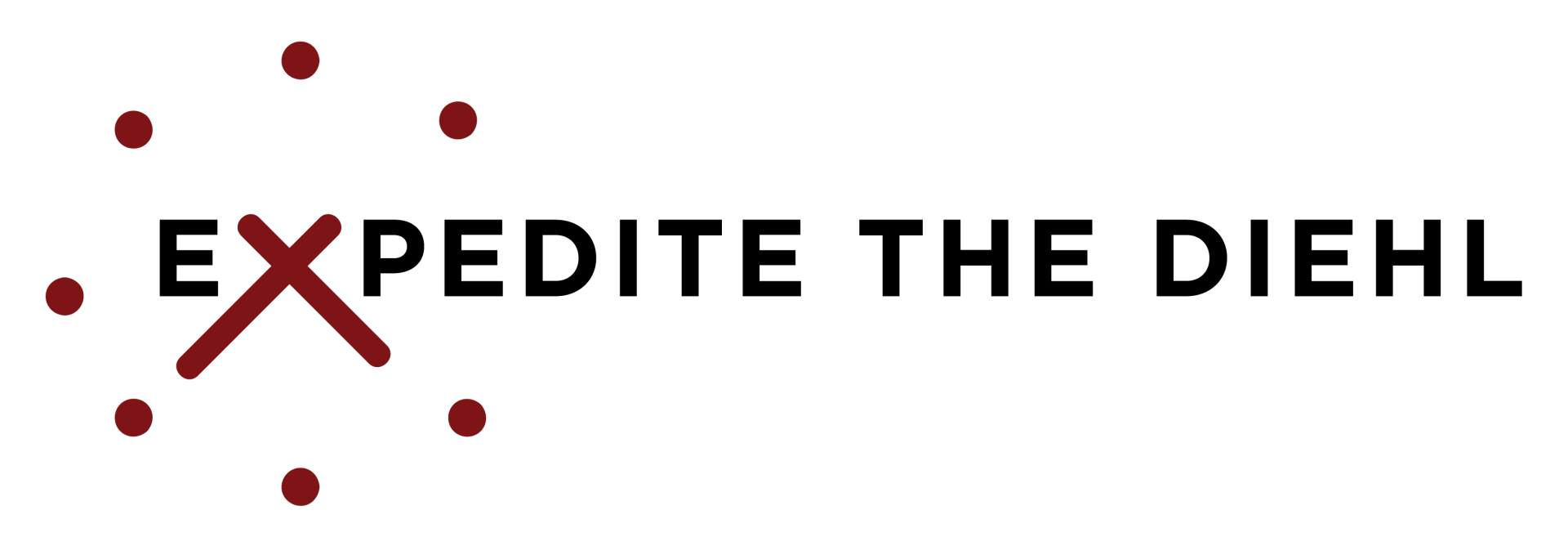 A logo for expedite the diehl with red dots on a white background