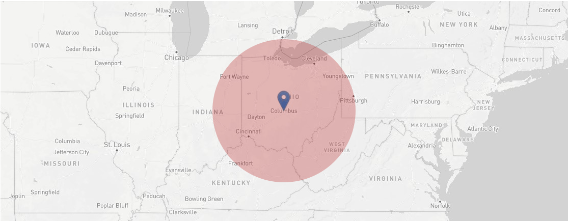 A map of the united states with a red circle in the middle.