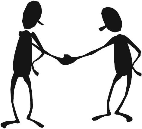 Two stick figures shaking hands on a white background.