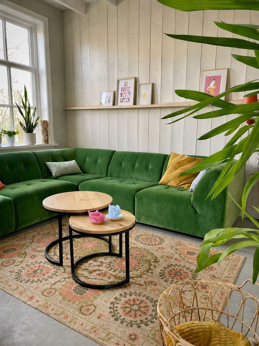 Lichte woonkamer met groene hoekbank, ronde salontafels, een vloerkleed met patroon en planten bij een raam.