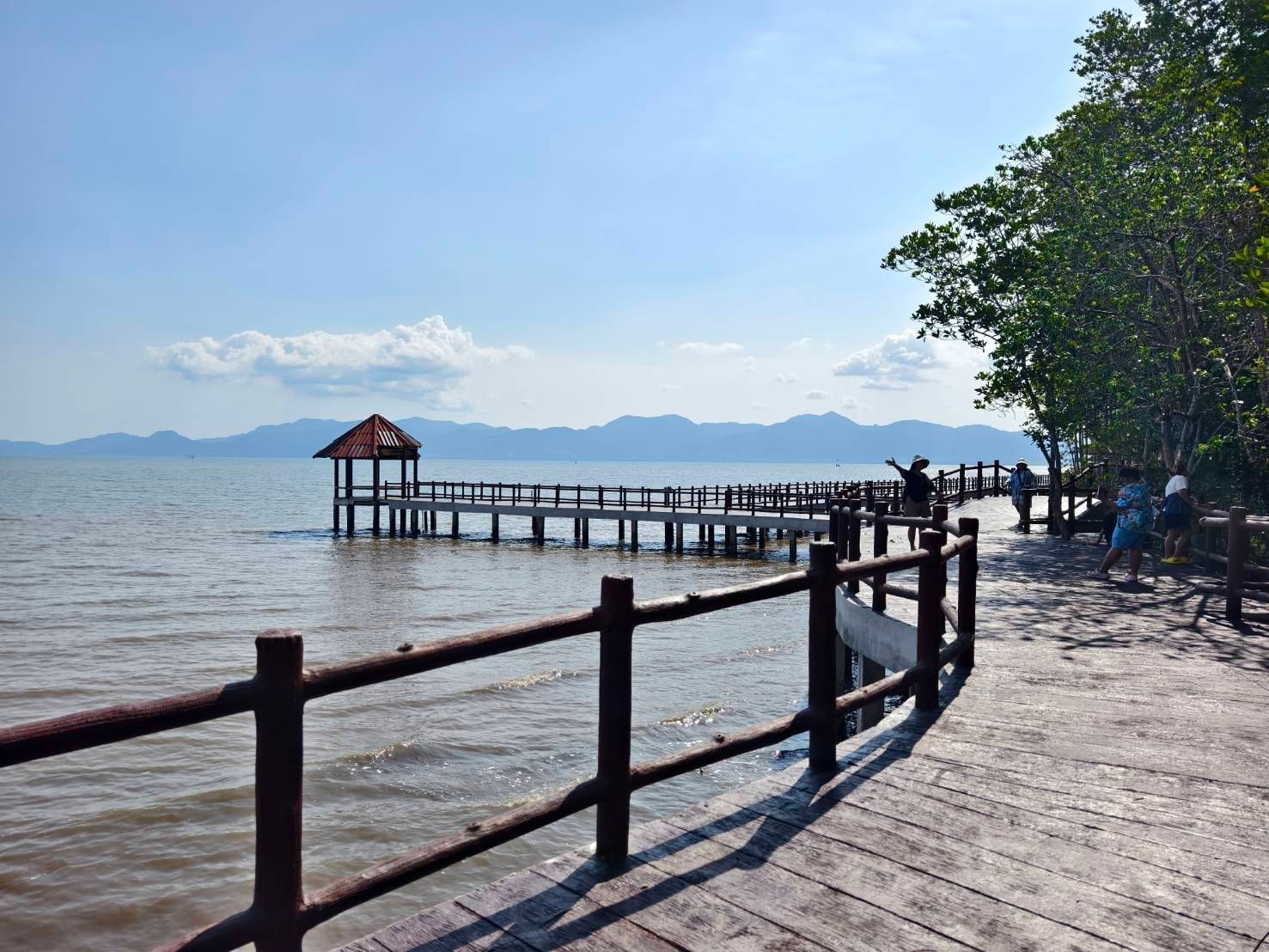 A wooden walkway leading to a pier overlooking a body of water.